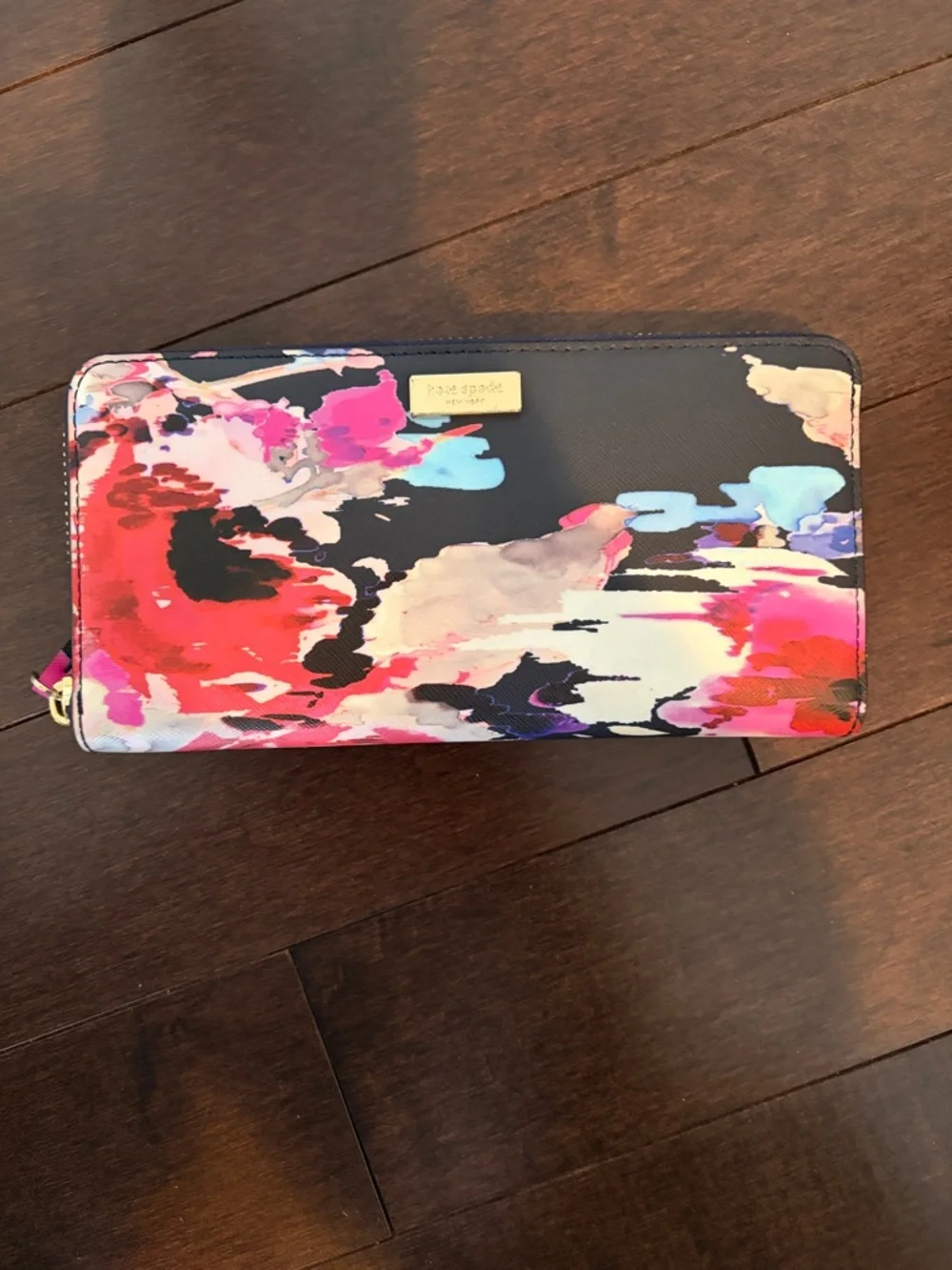 kate spade Black Wallet with Pink, Red & Blue Abstract Floral Print